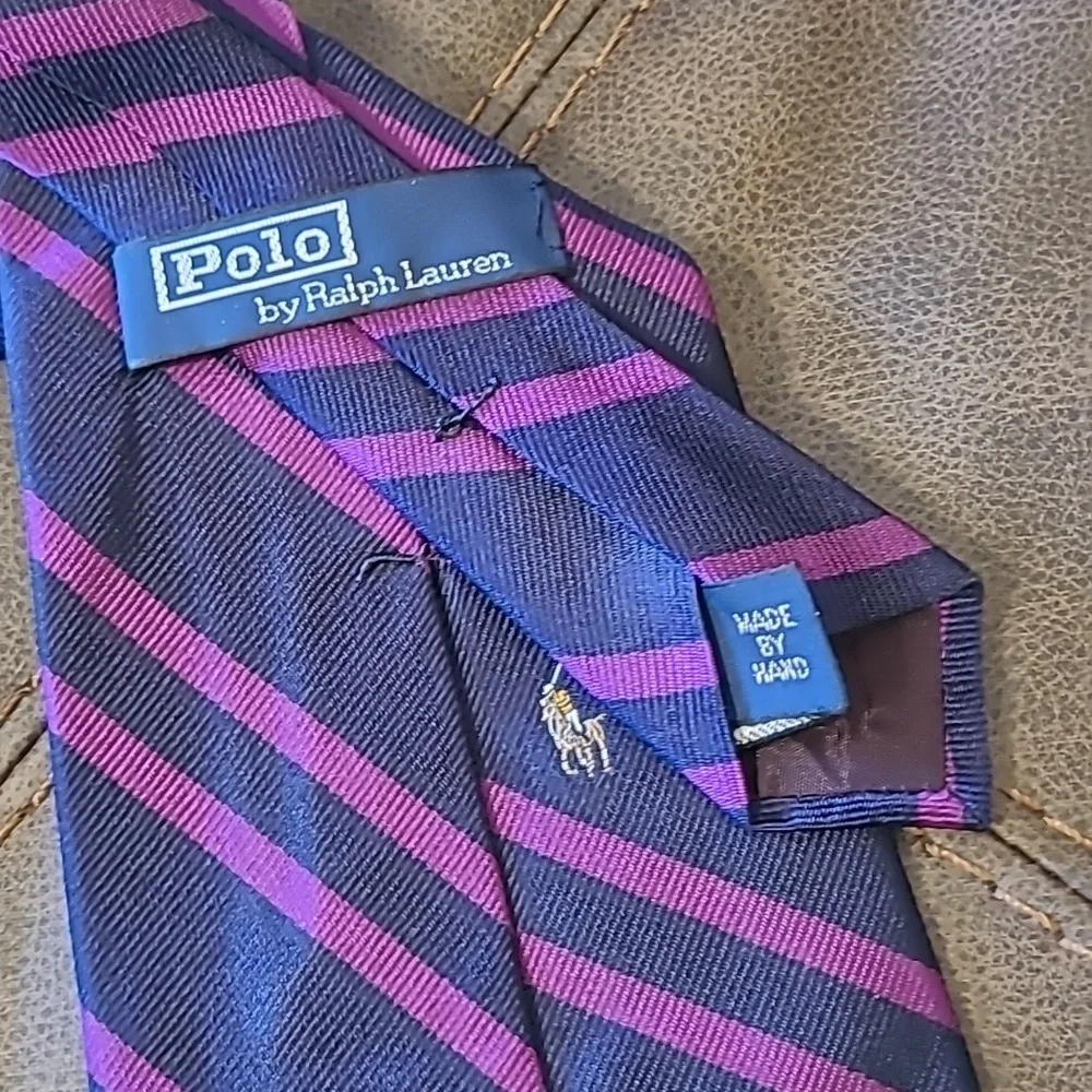 Polo Ralph Lauren 100% Silk Tie Navy Purple Stripes Preppy Designer Business